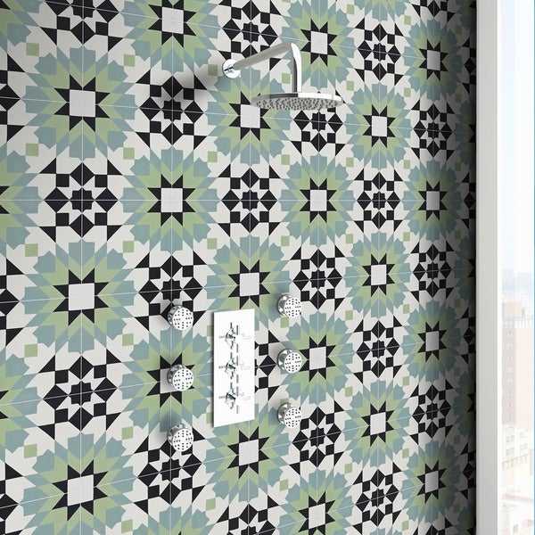 Reno in Green, Blue, Black Handmade 8x8-in Moroccan Tile, Pack of 12