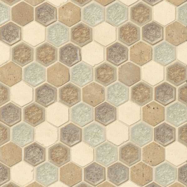 Bedrosians Tan/Beige Glass/Stone Hexagon Blend Mosaic Blessed Tiles (Pack of 10 Sheets)